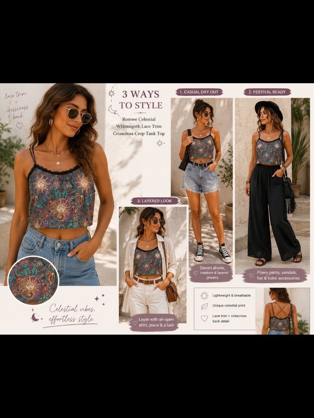 Romwe~ Celestial Whimsigoth Lace Trim Crisscross Crop Tank Top L/XL